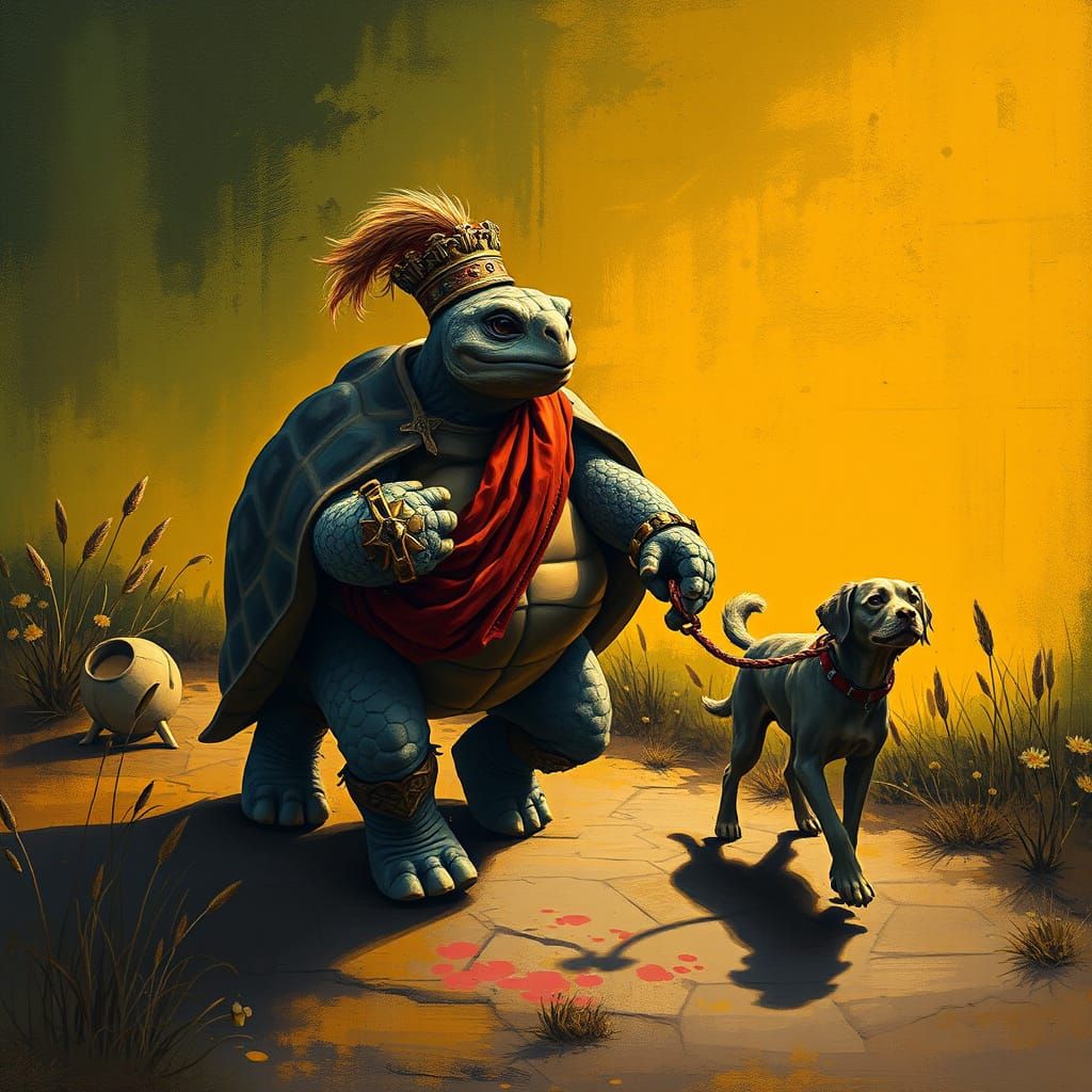 Royal Medieval Turtle Walks Dog at Night