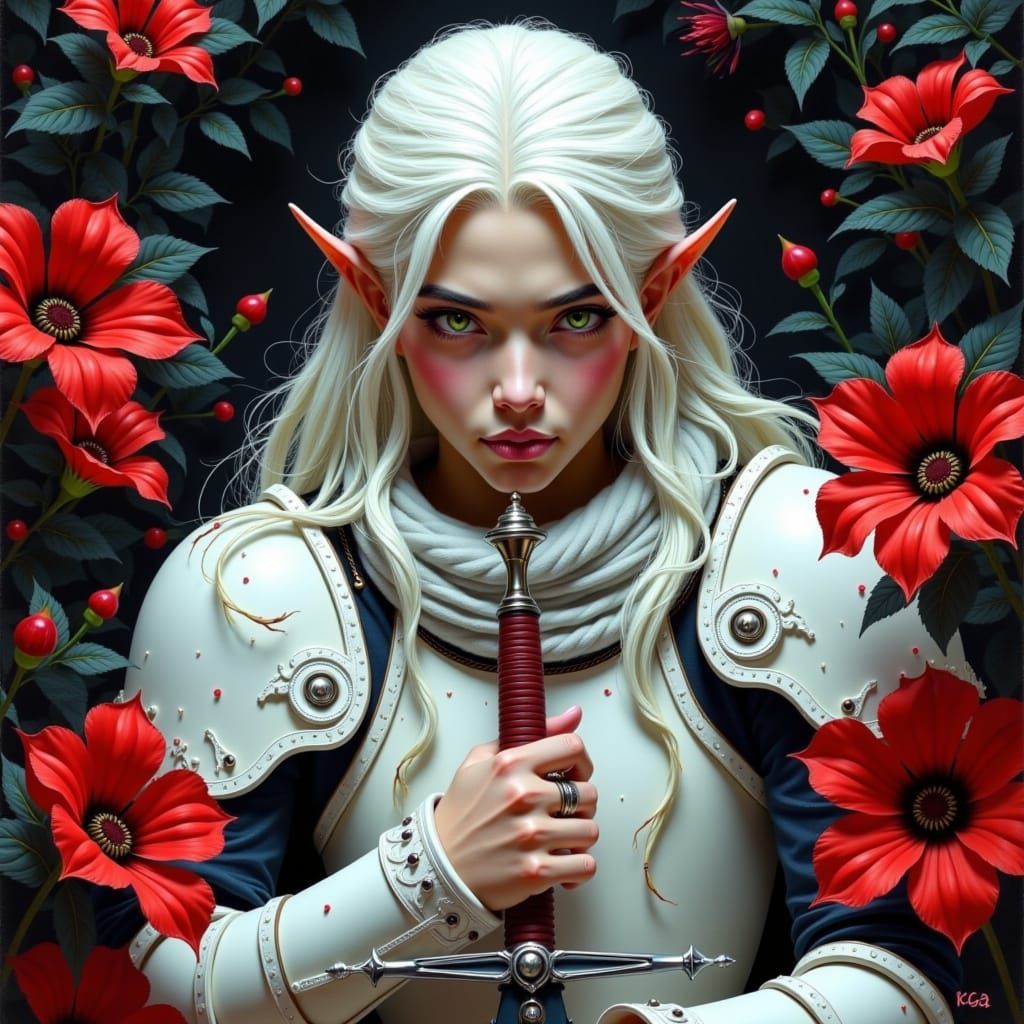 Gothic Elf Knight in Watercolor Comic Style