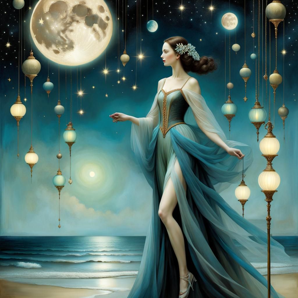 Surreal Woman on Stilts Under Bioluminescent Moon