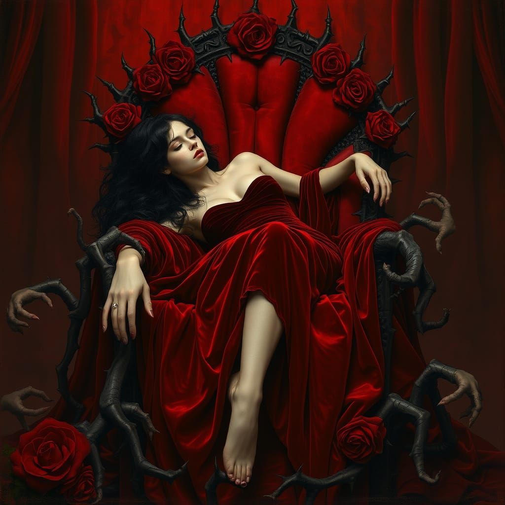 Gothic Velvet Queen on Throne of Limbs