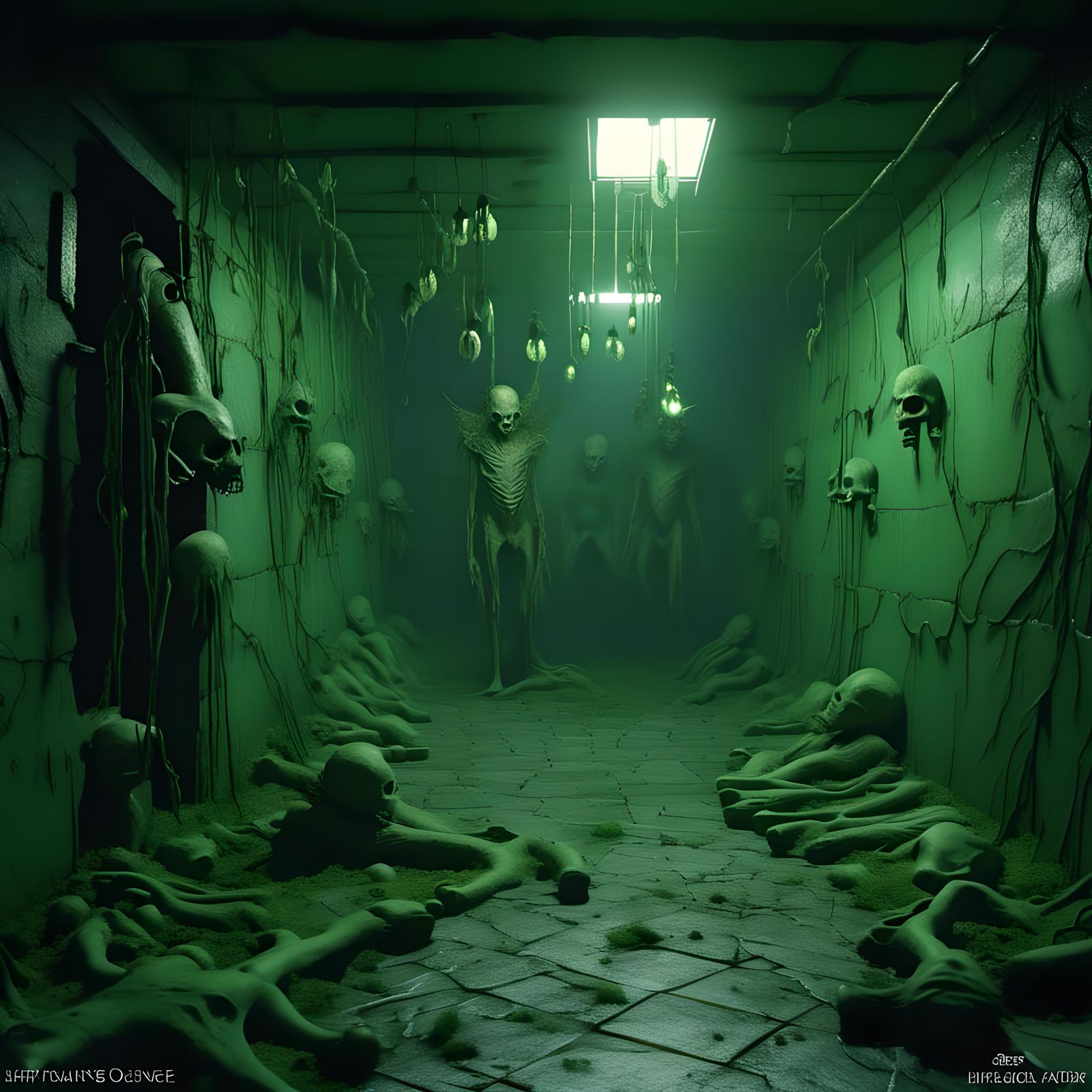 Eerie Post-Apocalyptic Dungeon With Green Flies