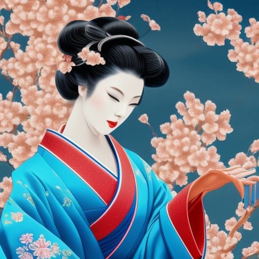 Elaborate Geisha in Blue Kimono: Fantasy Concept Art