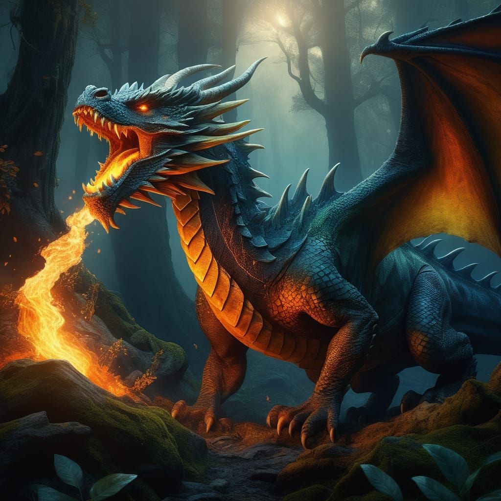 Dragon Unleashes Fiery Breath in Ancient Mystical Forest