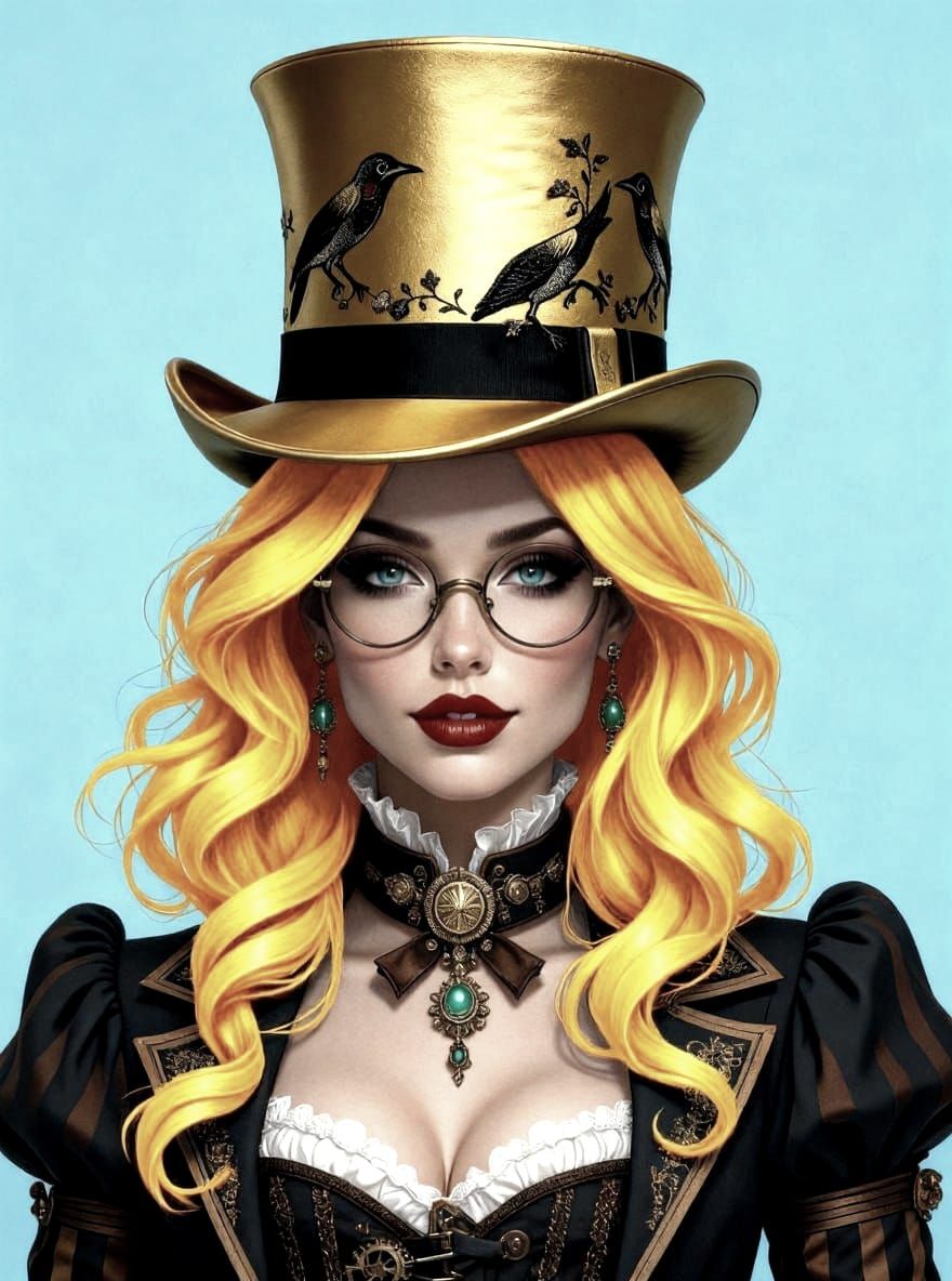 Blue Haired Woman with Golden Hat