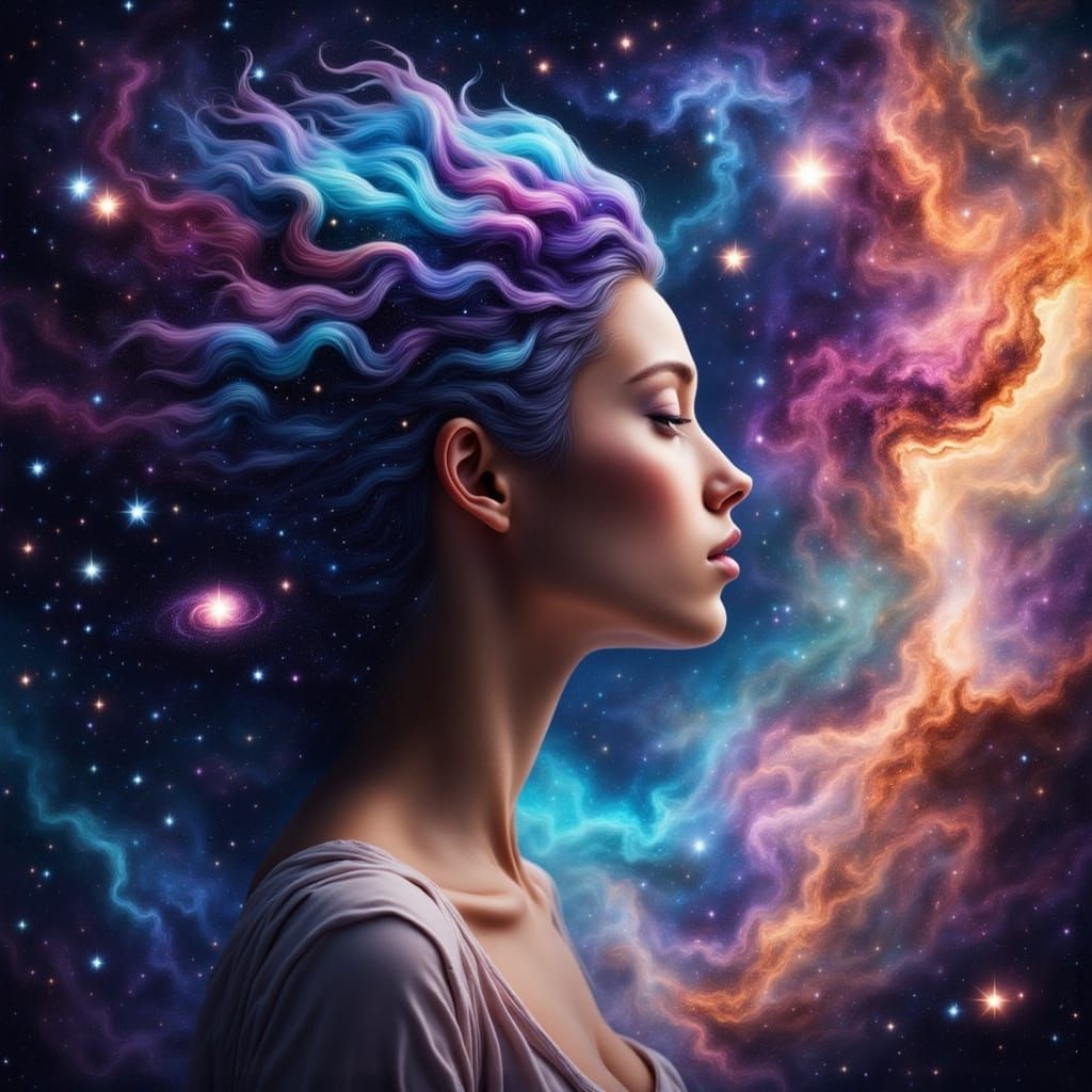 Woman with Galaxy Hair in Cosmic Dreamscape