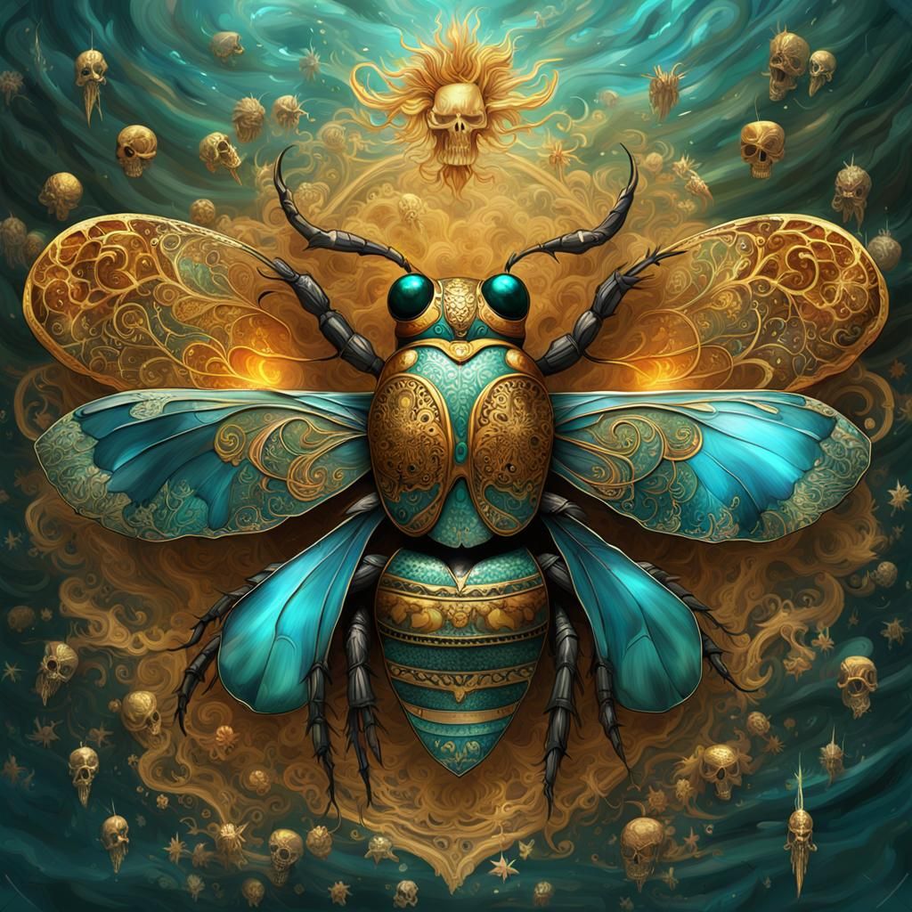 Shimmering Magic Bug with Golden Wings and Spikes