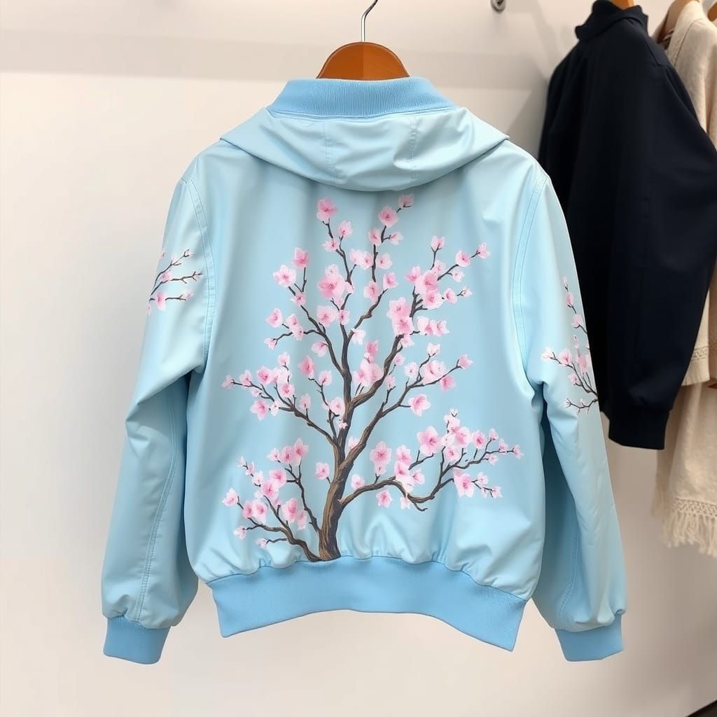 Light Blue Jacket with Sakura Tree Print
