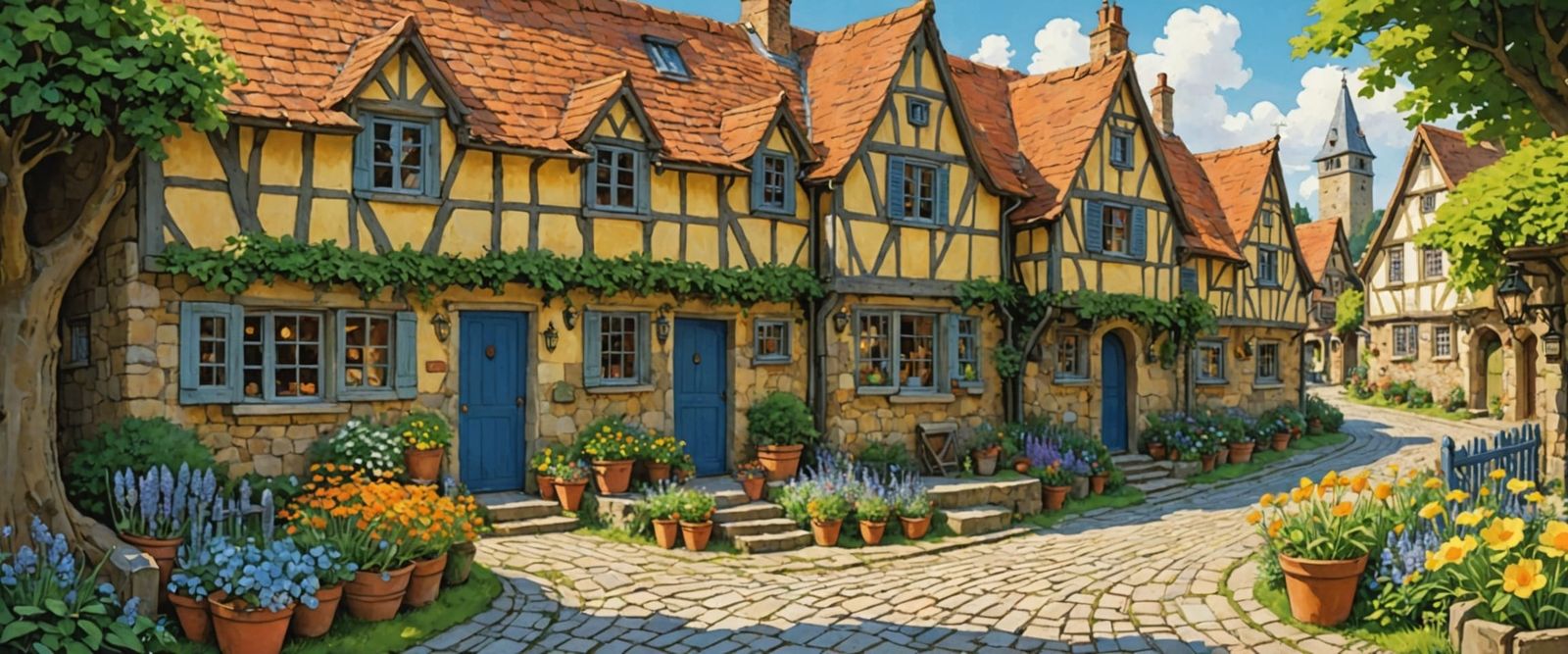 English Village in Naive Folk Art Style