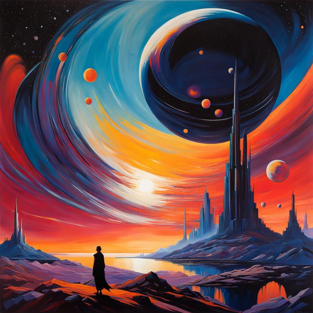 Cosmic Genie Sailing on Titan: Futuristic Oil Painting