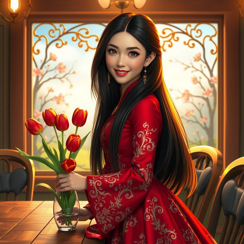 Mulan in Resplendent Red Ball-Gown, Surrounded by Spring Blo...