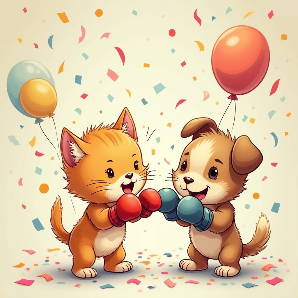 Kitten and Puppy Boxing Match with Confetti