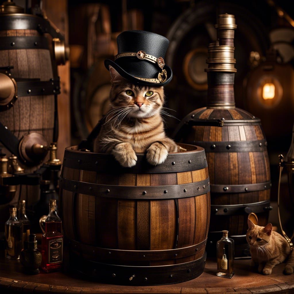 Steampunk Cat in Whiskey Rickhouse, Digital Art
