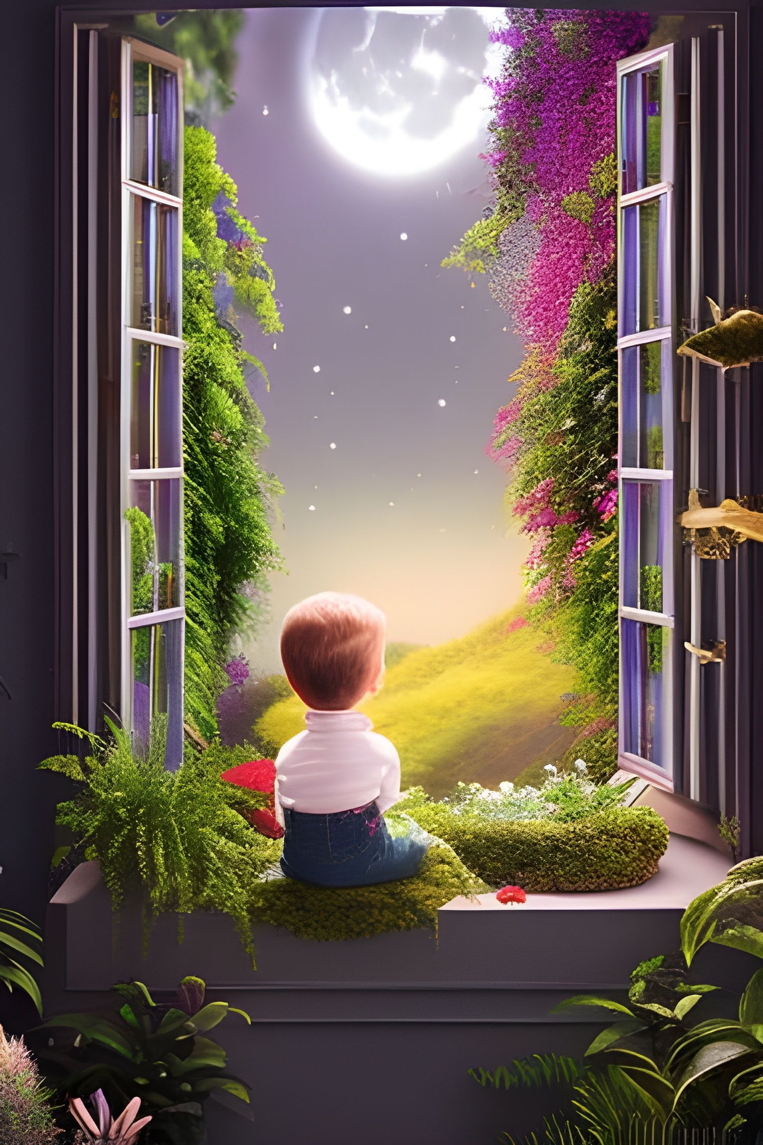 Toddler Gazing at Starry Night: 3D Digital Art