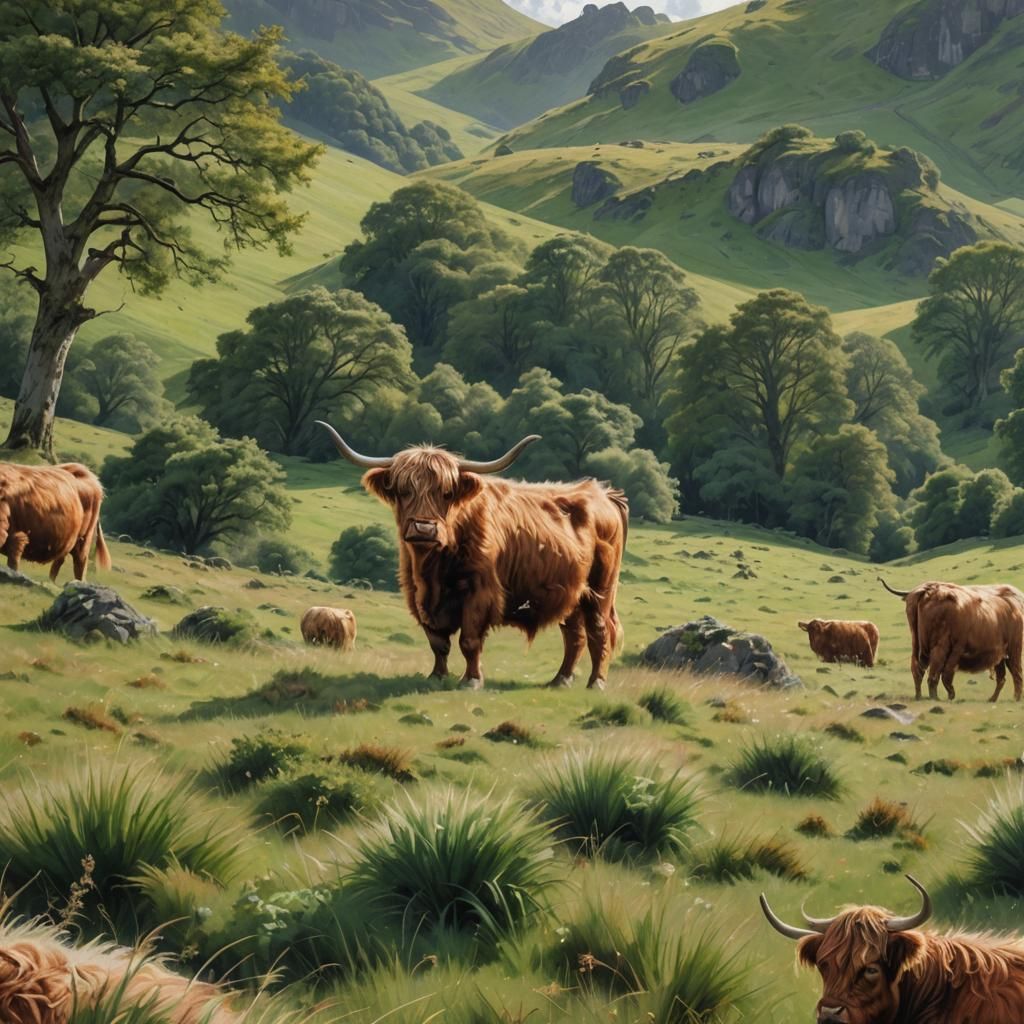 Highland Cow Grazing in Lush Field, Pastel Art