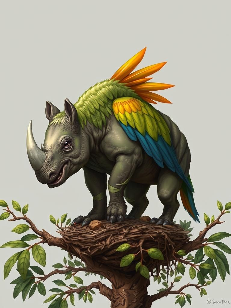 Parrot-Rhino Hybrid Creature Concept Art