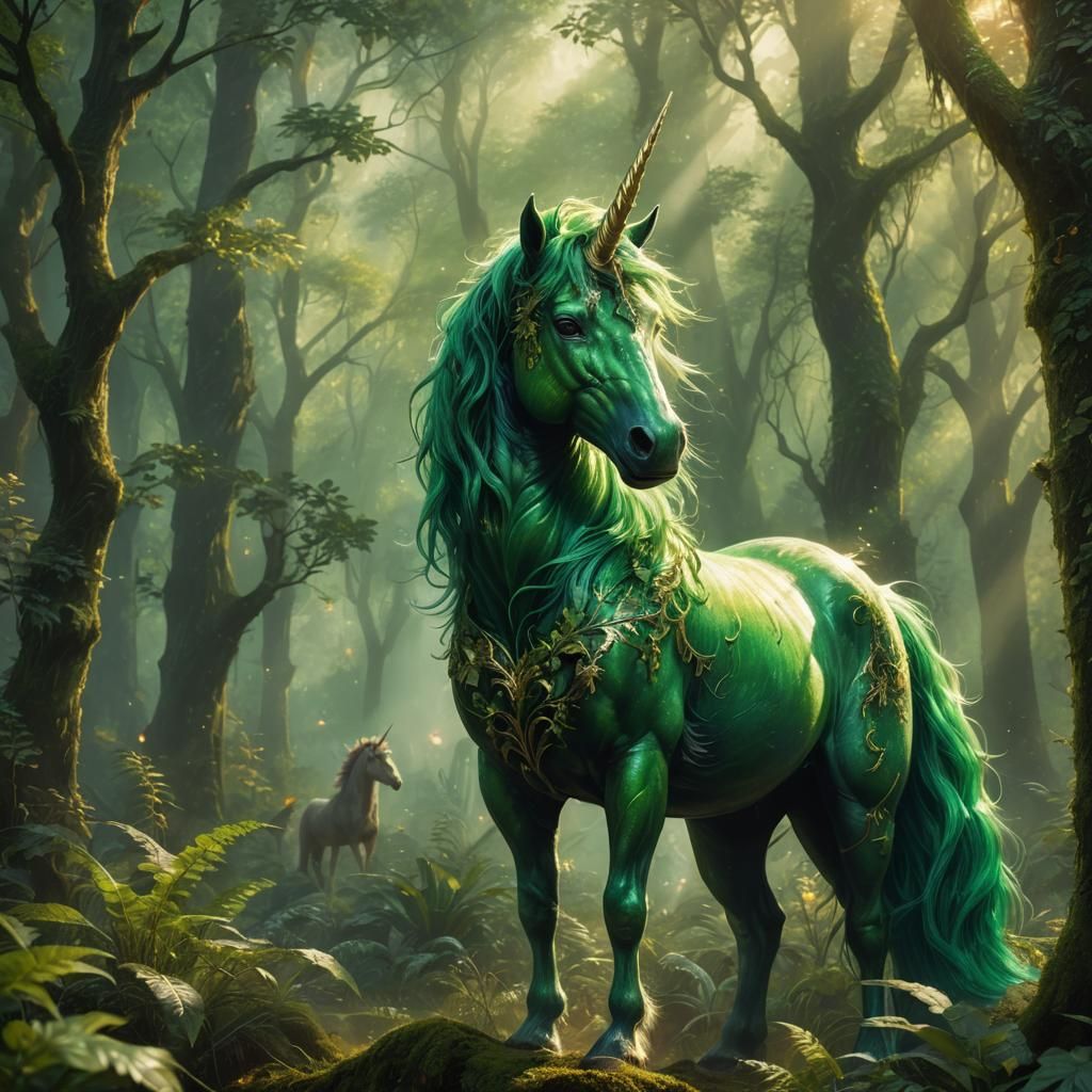 Green Unicorn Portrait in Lush Forest