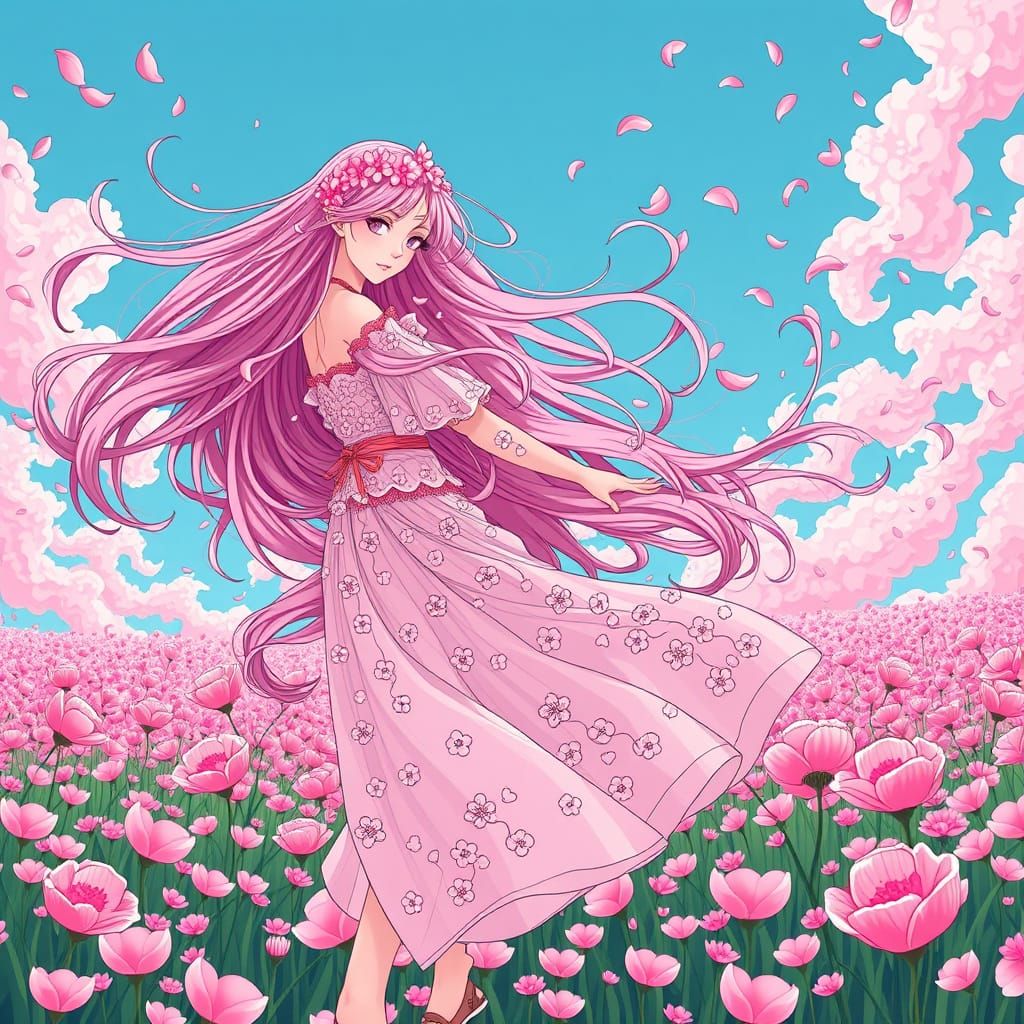 Anime Girl Dancing in Japanese Flower Meadow