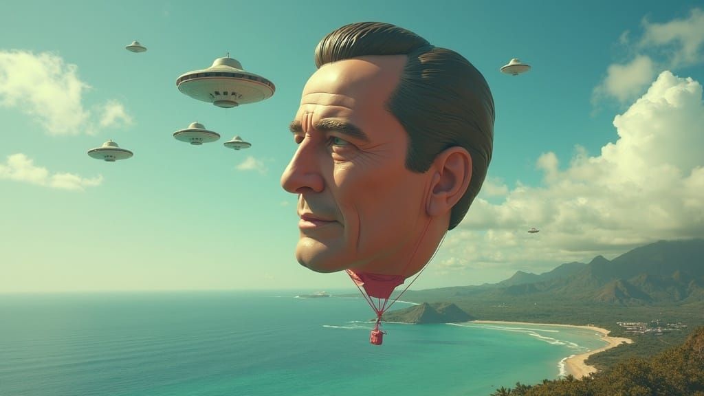 Giant Cary Grant Balloon Head Flies Over Hawaii with UFOs