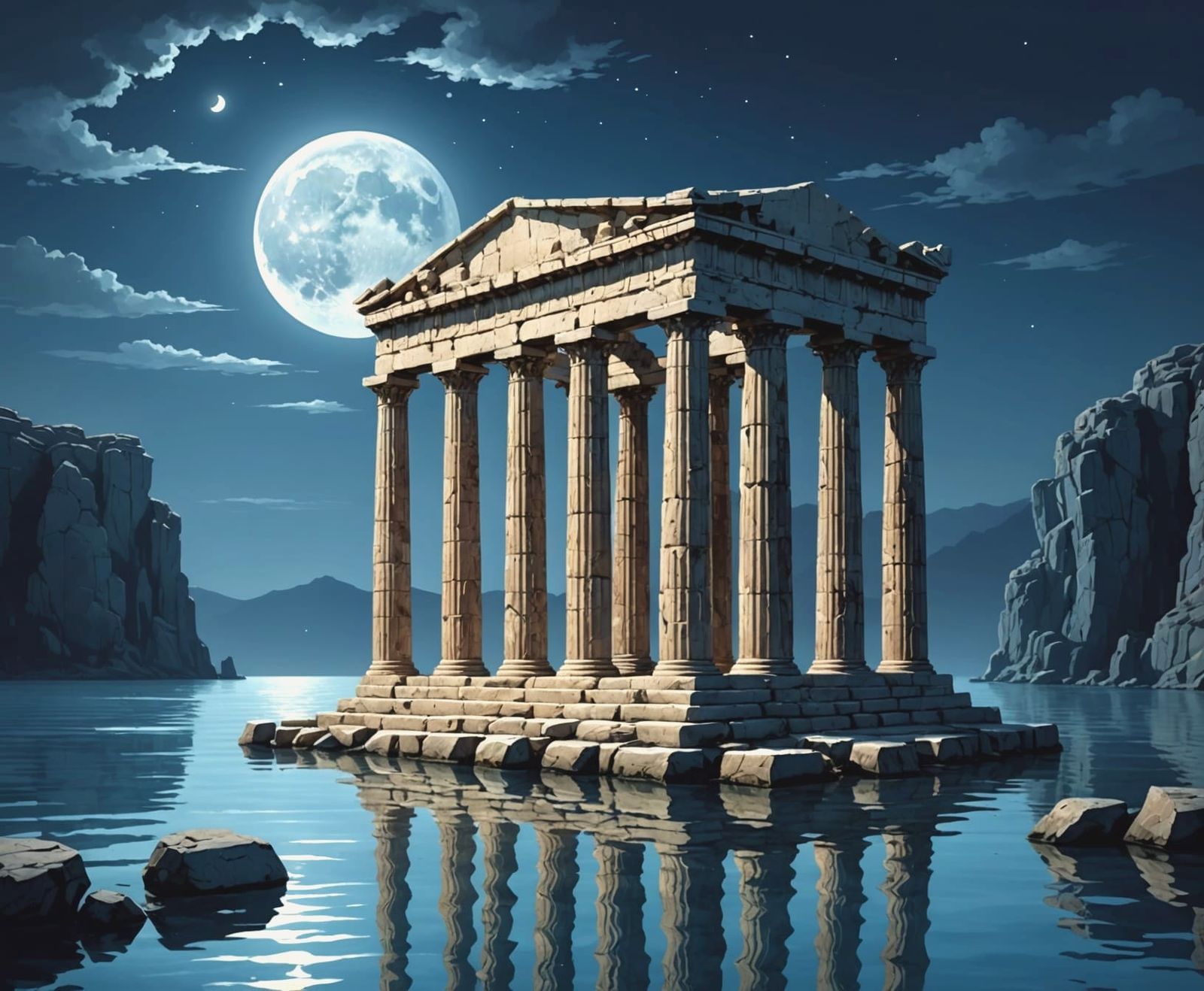 Ancient Greek Temple Ruins in Starlit Sea