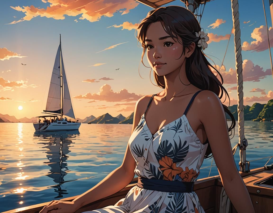 Anime Woman Sailing Catamaran at Sunset in Philippines