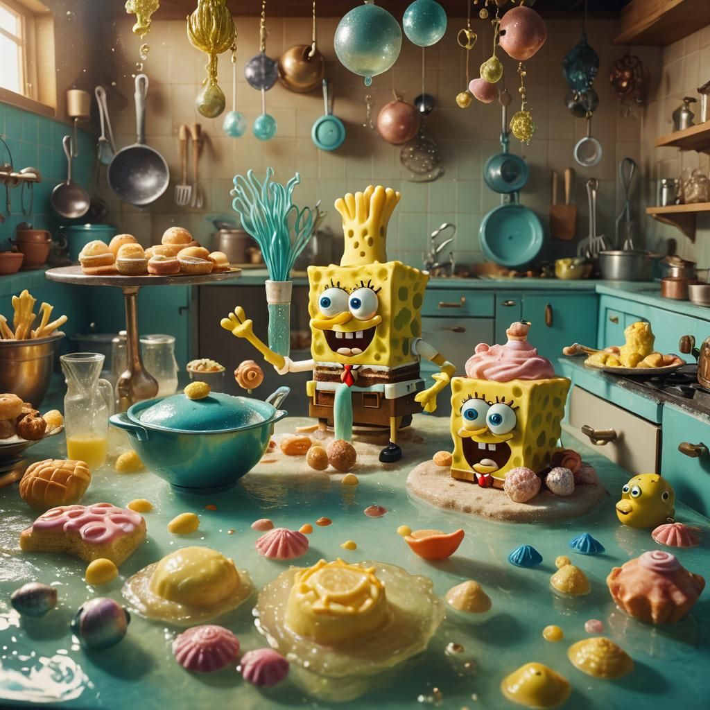 Spongebob Baking in a Surreal Underwater Kitchen