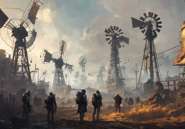 Cyberpunk Windmills in Gritty Post-Apocalyptic Landscape
