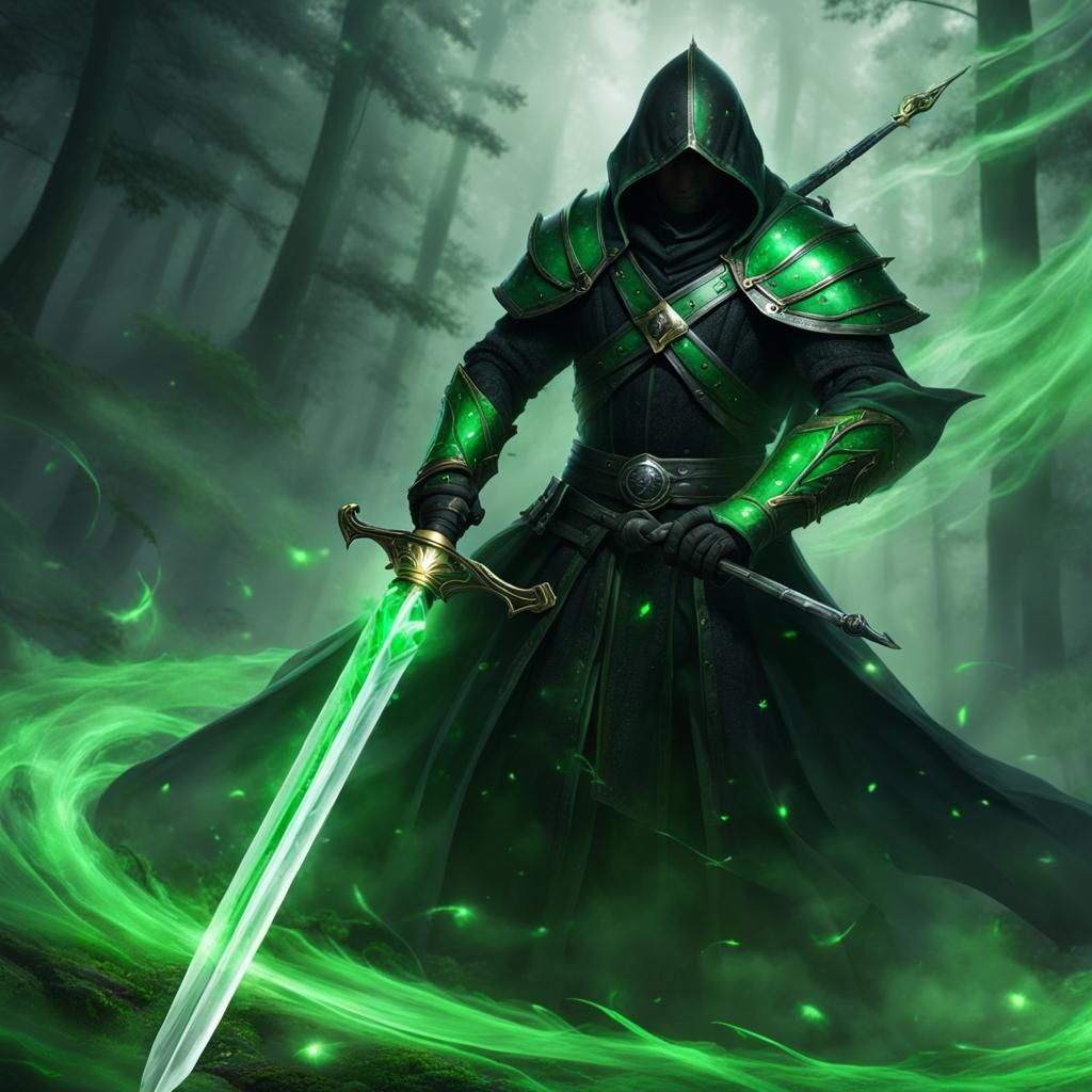 Mystical Black Rapier with Swirling Green Magic