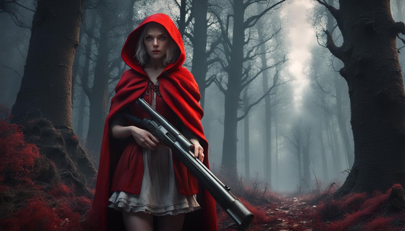 Red Riding Hood with Shotgun in Forest