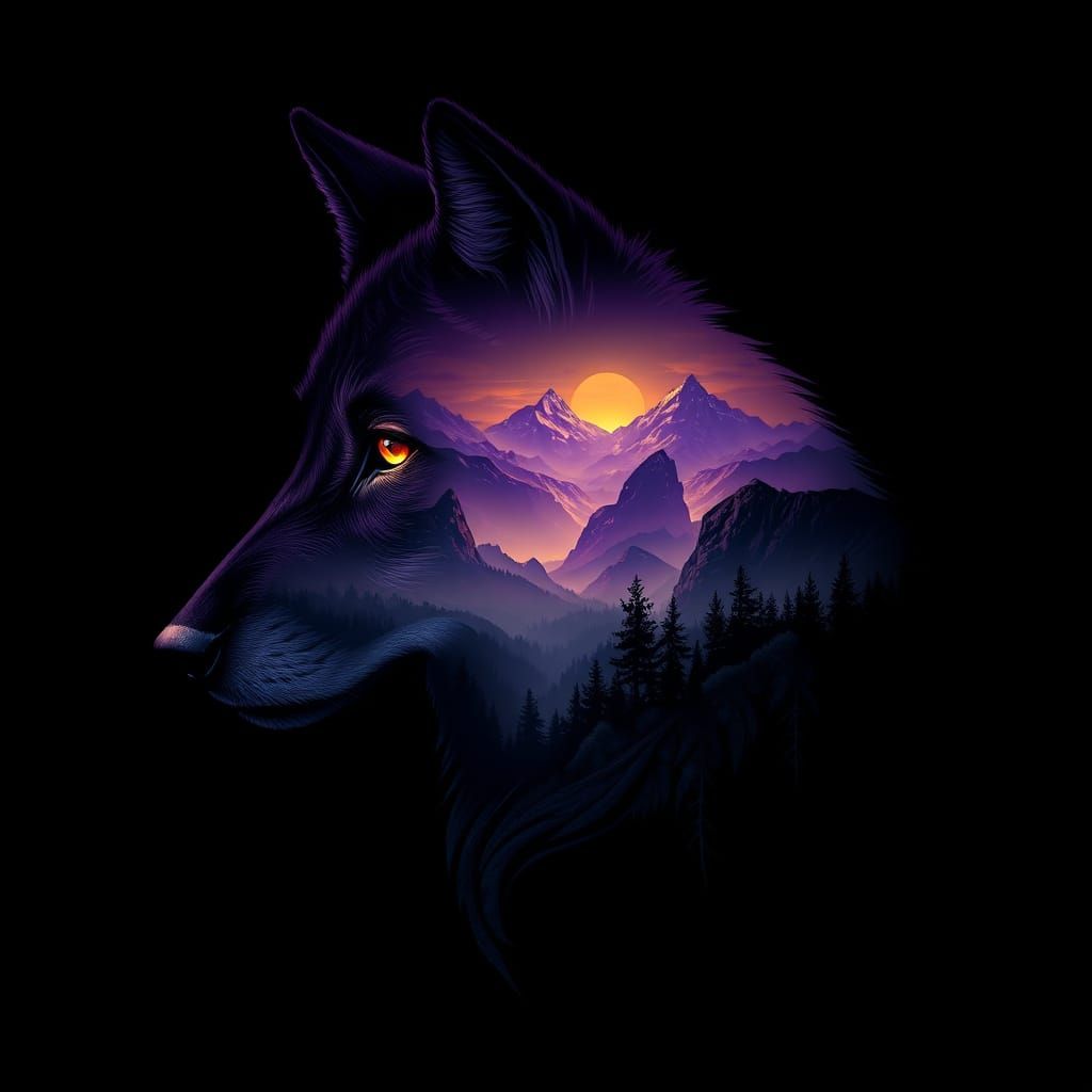 Wolf Silhouette in Amber-Eyed Dreamscapes