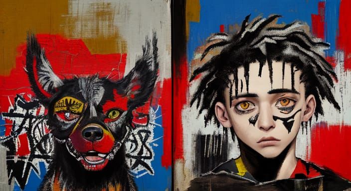 Neo-Primitivist Boy and Dog in Urban Landscape