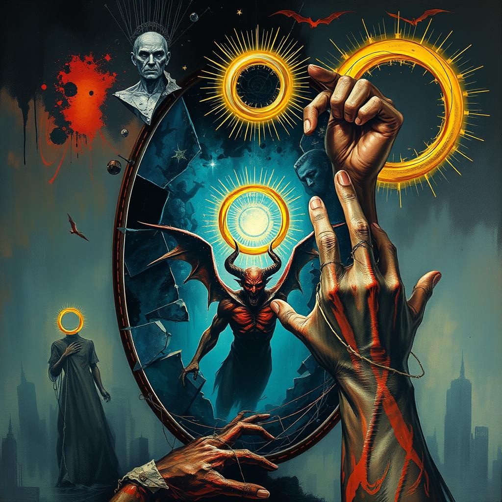 Demonic Figure Emerges from Mirror in Horror Style