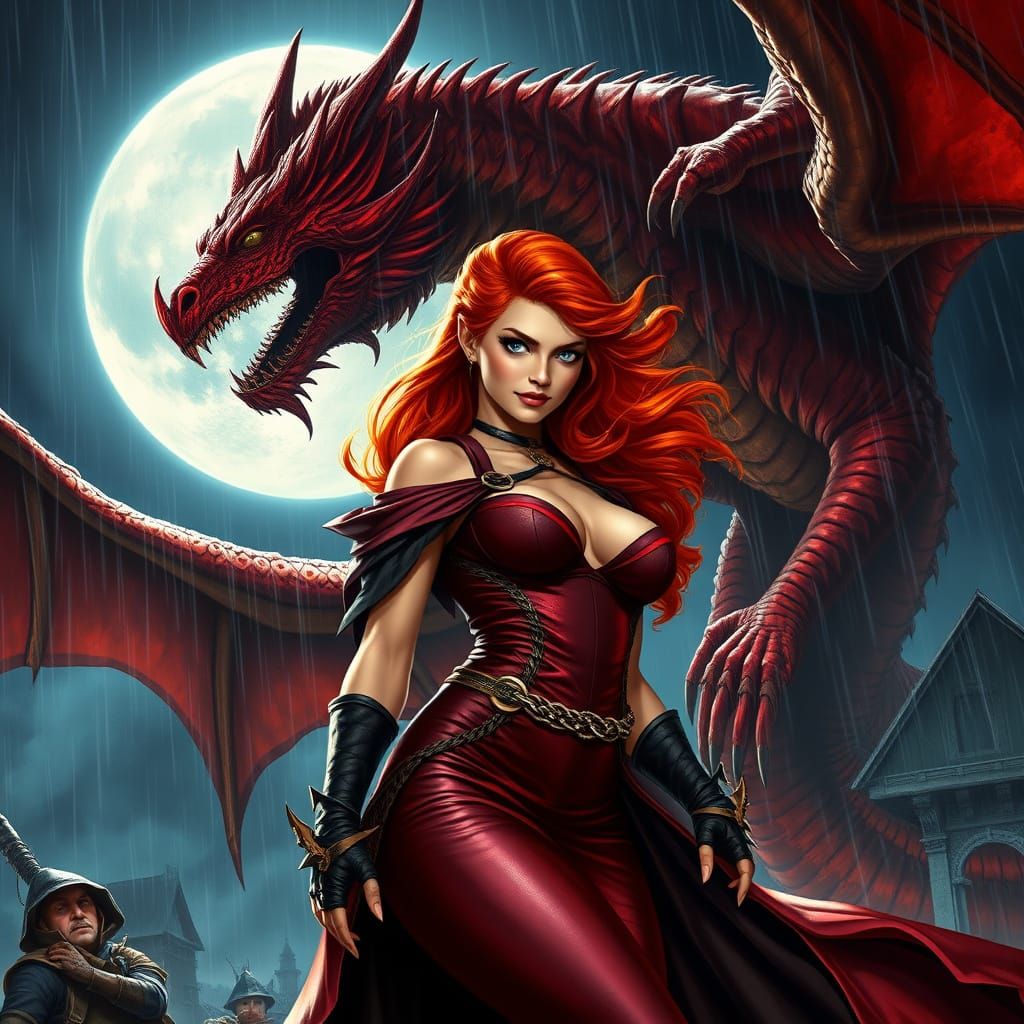 Sorceress Confronts Dragon on Rainy Night