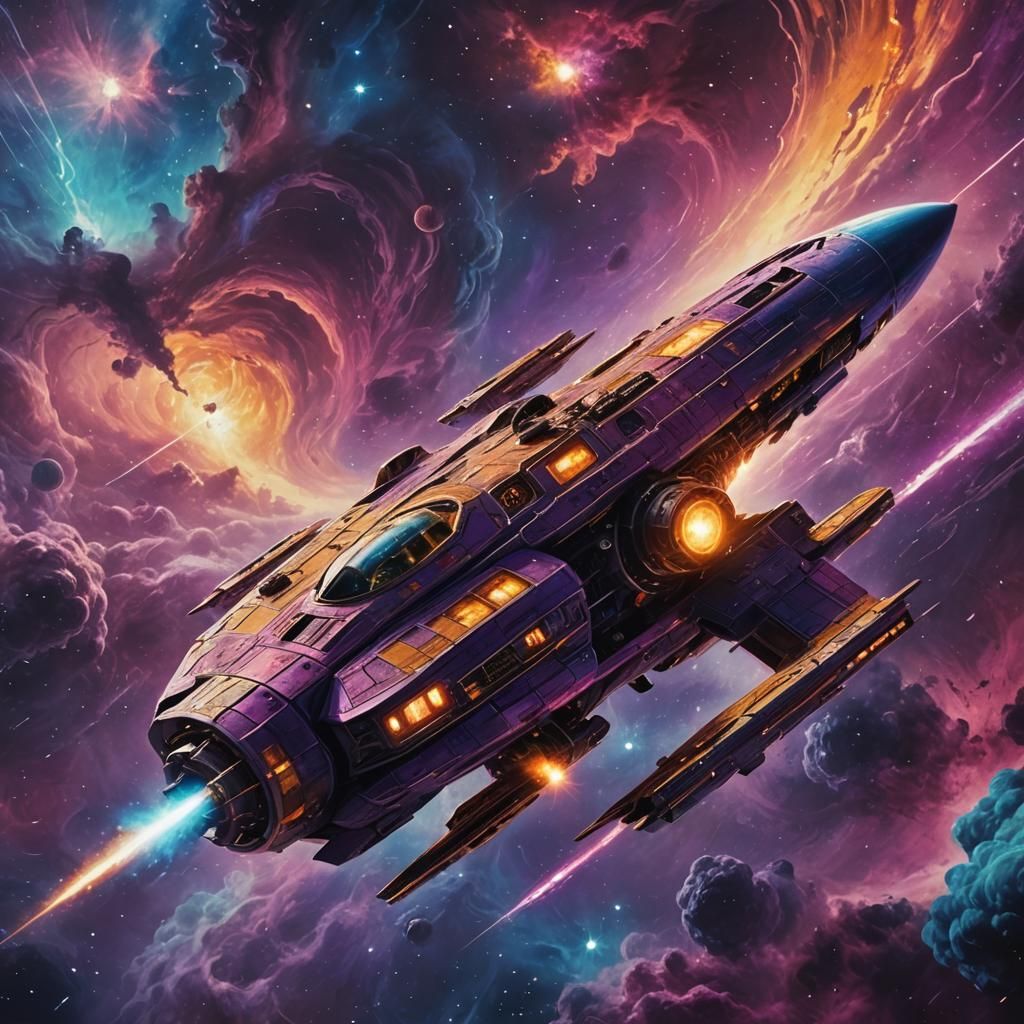 Spaceship Emerges from Nebula in Retro-Futuristic Style