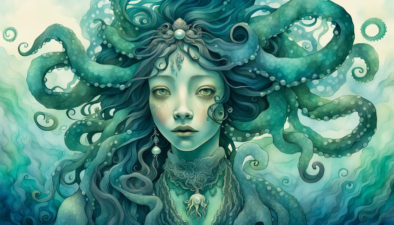 Octopus Woman Portrait in Ethereal Watercolor Style