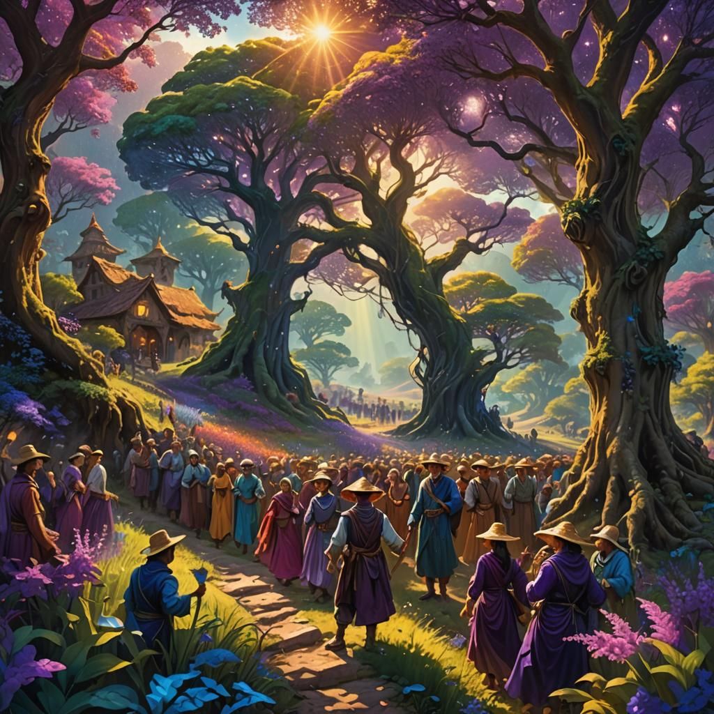 Happy Farmers in Lush Mystical Landscape, Fantasy Art