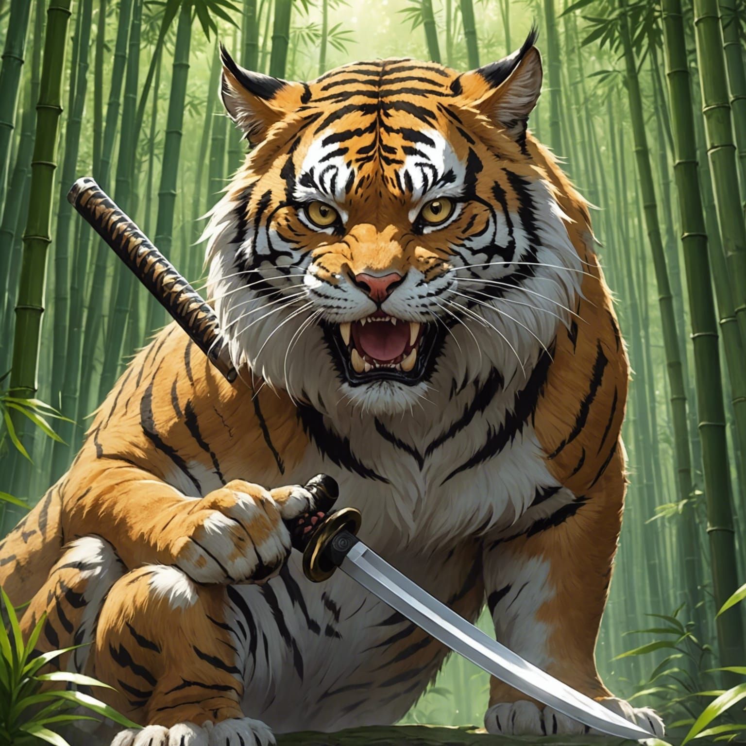 Anime Cat Warrior with Katana in Bamboo Forest