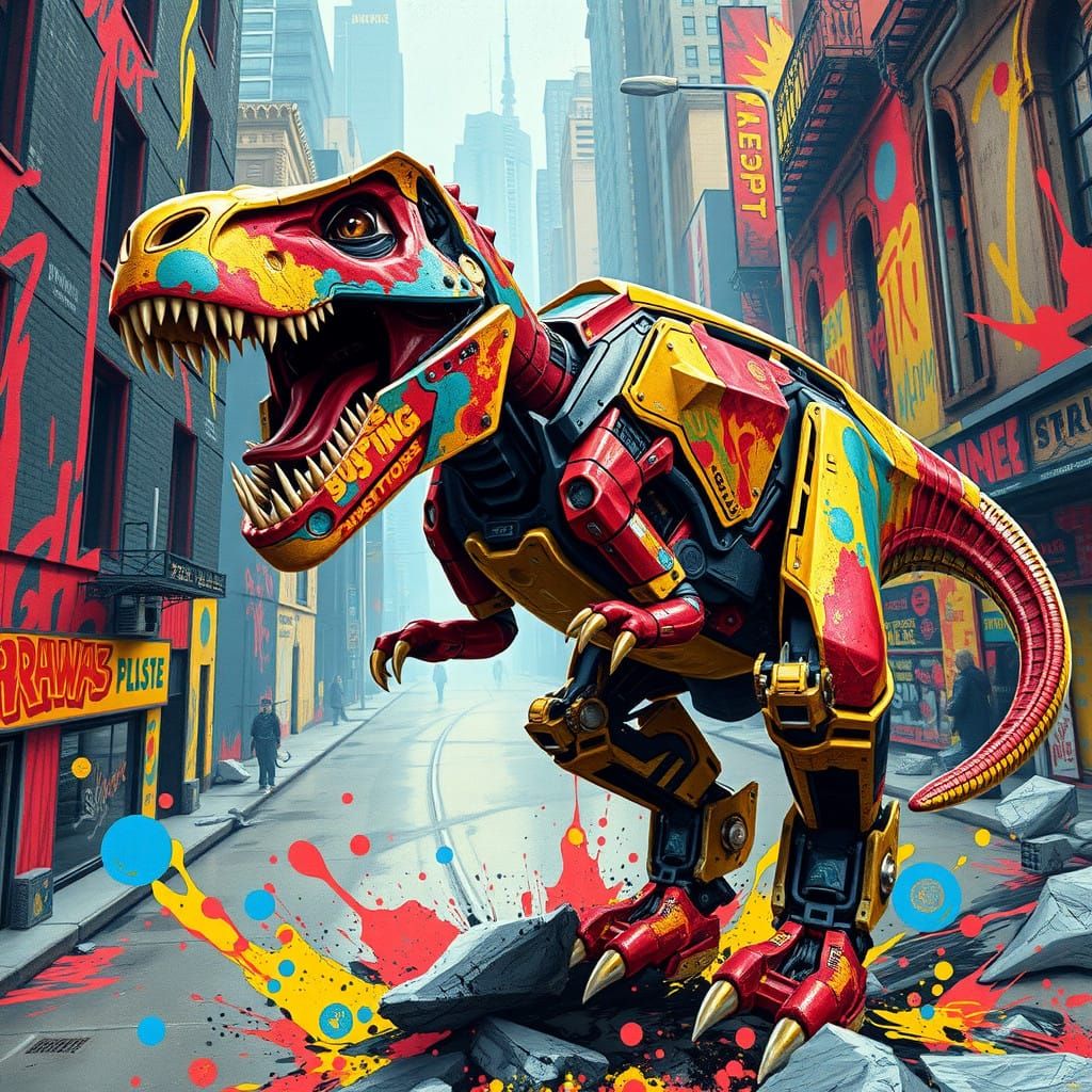 Vibrant Cityscape Mecha T-Rex Graffiti Art