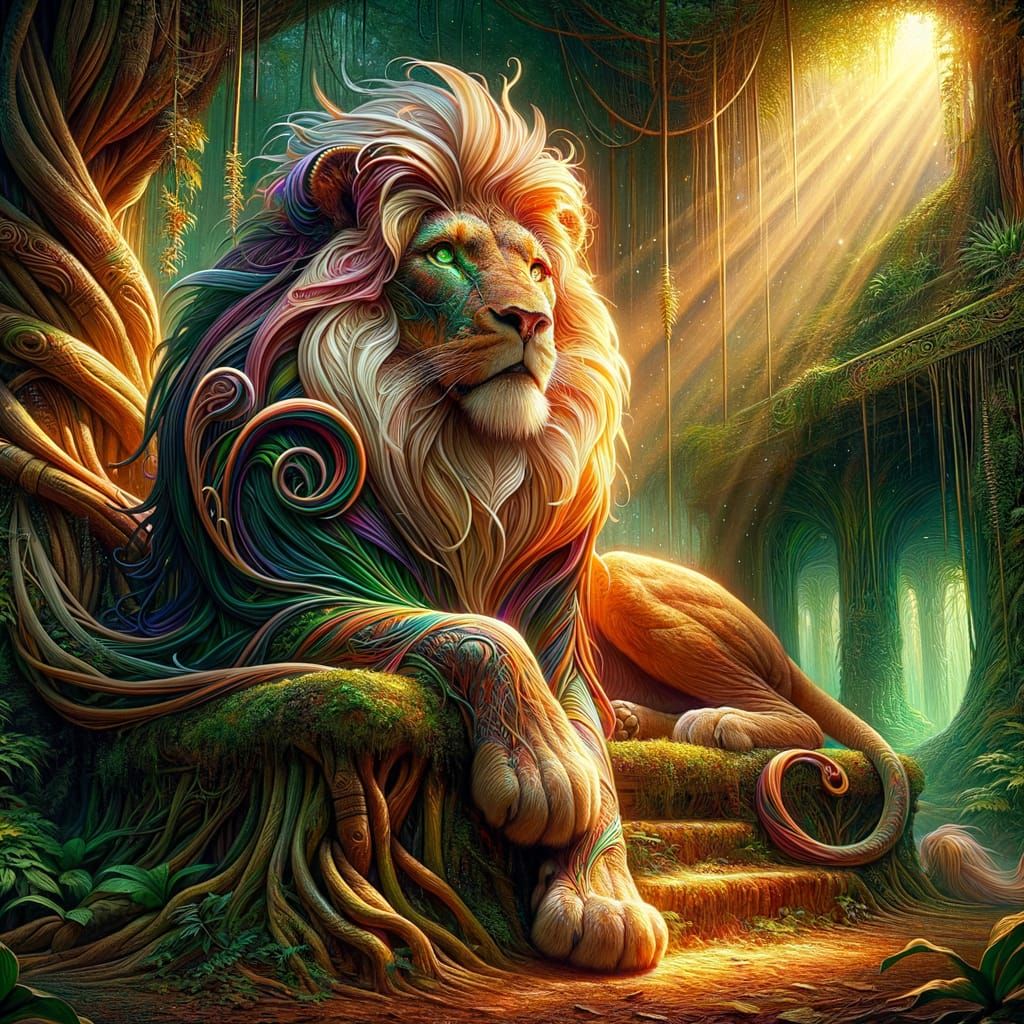 Regal Lioness Seated on Starlight Throne in Jungle Temple