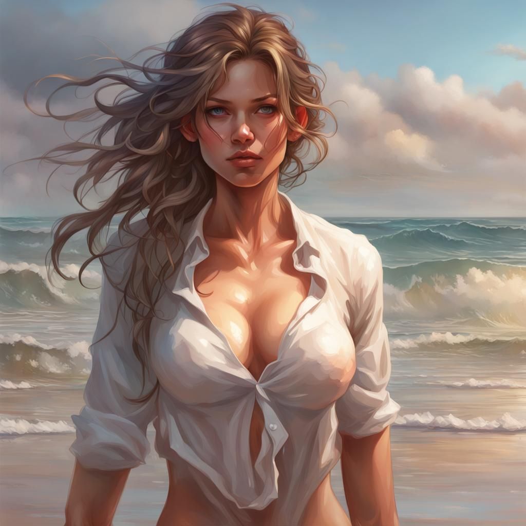 Soaked Woman at Beach in Hyperdetailed Portrait