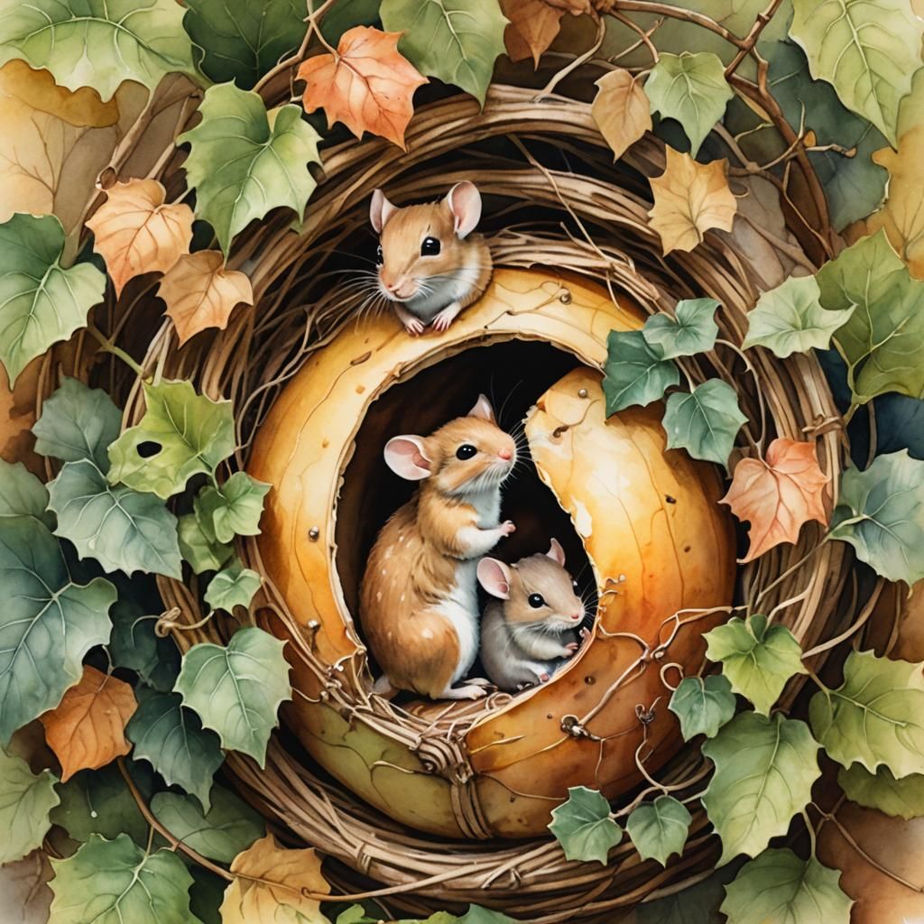 Mice Nest in Gourd, Watercolor Still Life