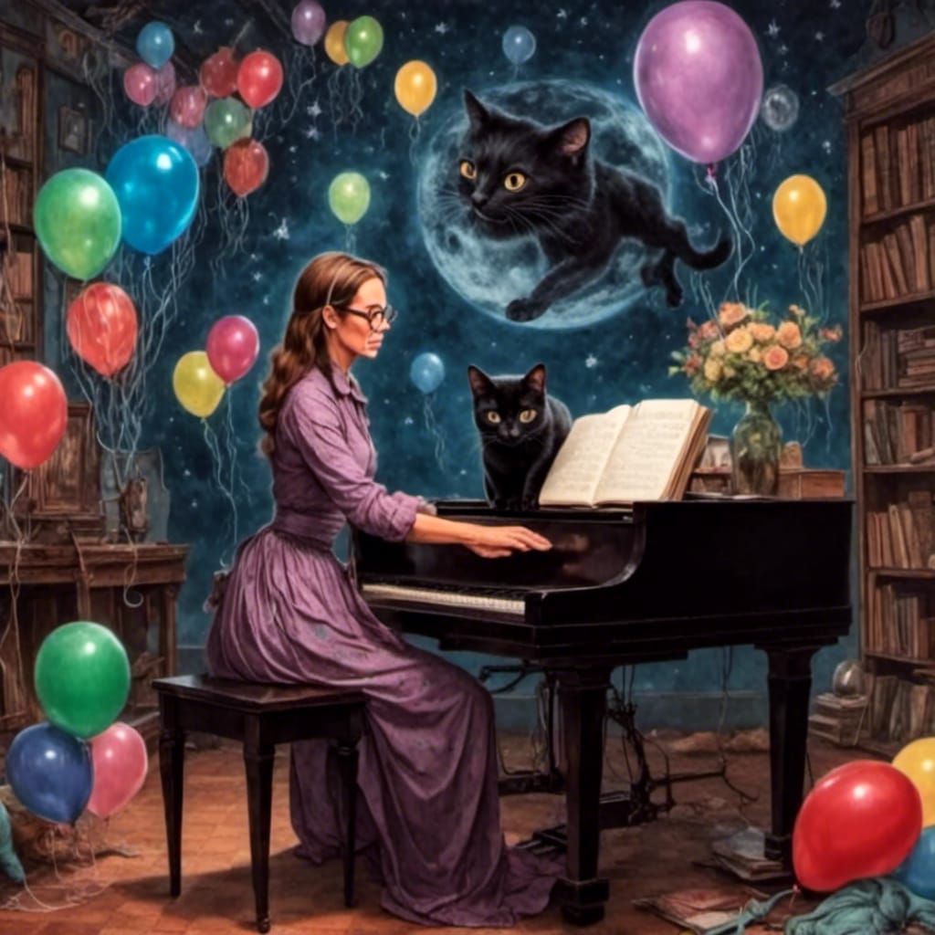 Spaceman Floating Through Space with Cat and Balloons