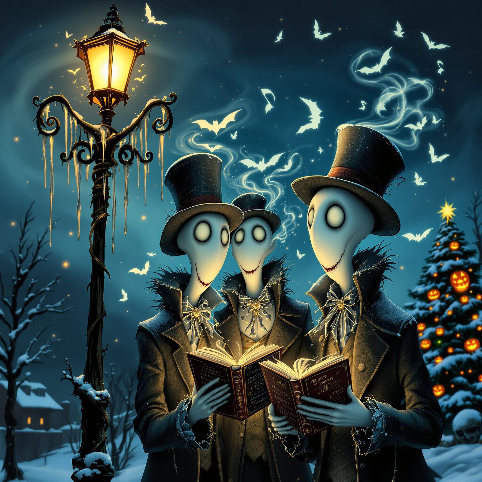 A whimsical yet haunting close-up vignette of ghostly carole...