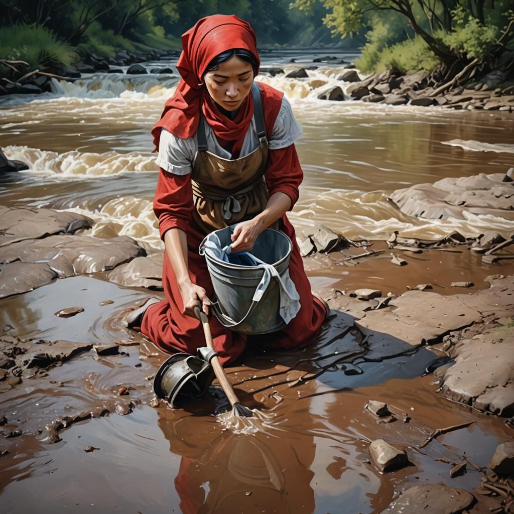 Woman Cleaning Floor by River: Hyperrealistic Splash Art