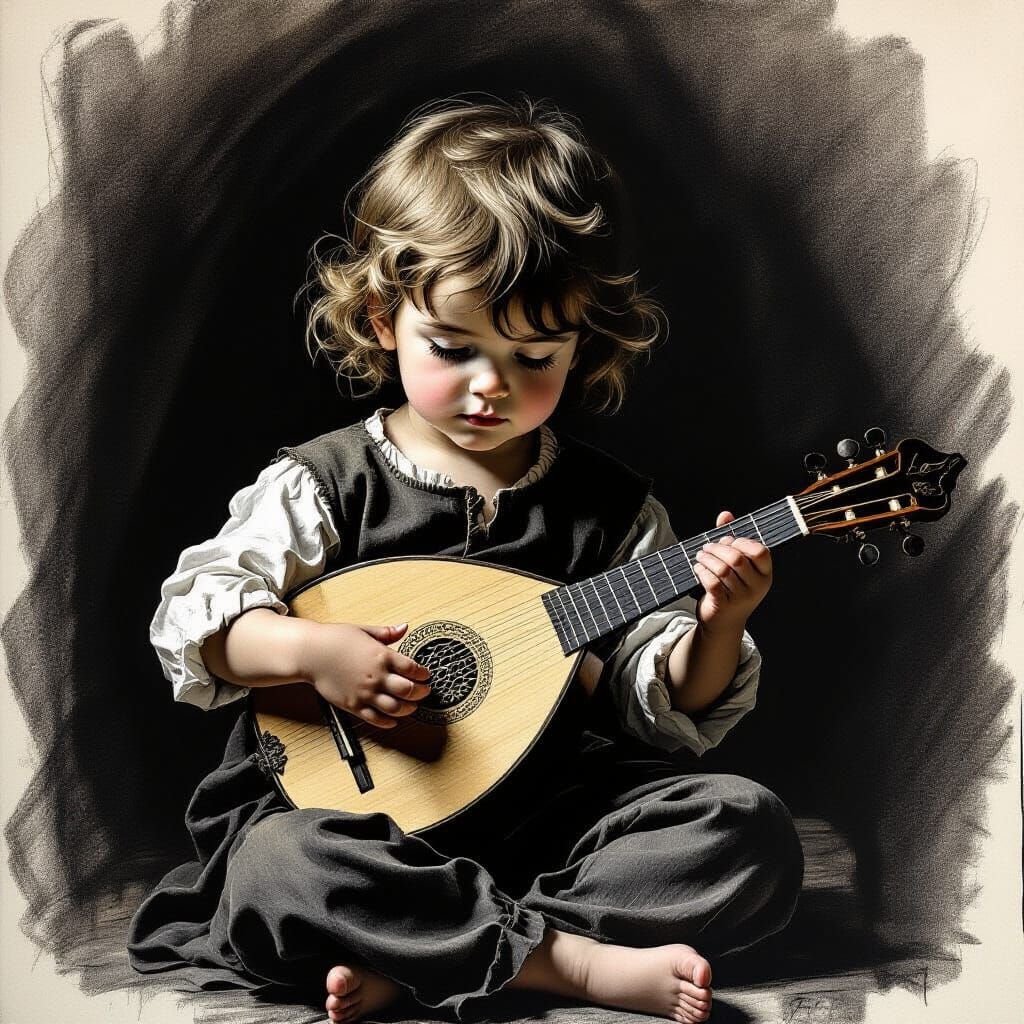 Child Playing Lute in Dramatic Charcoal Drawing
