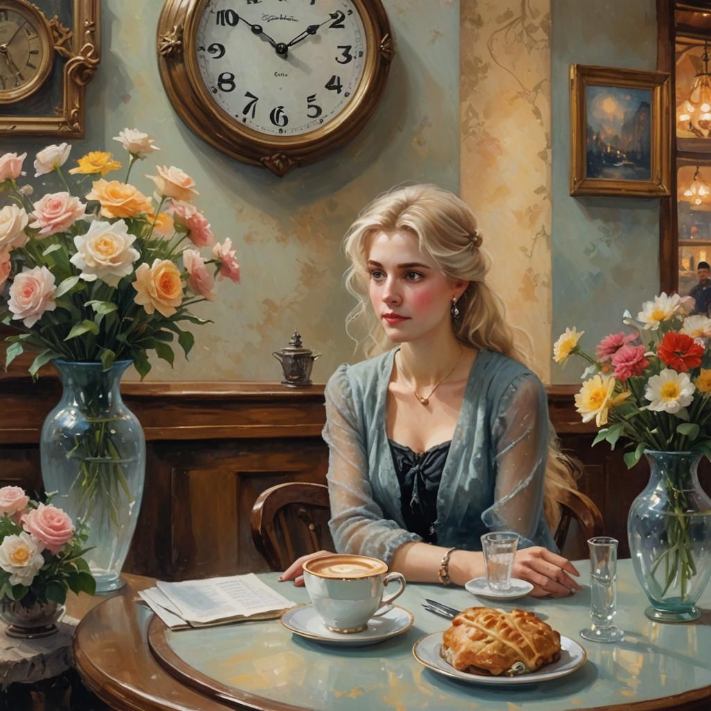 Cozy Cafe Scene with Pale-Blond Woman: Neo-Impressionism
