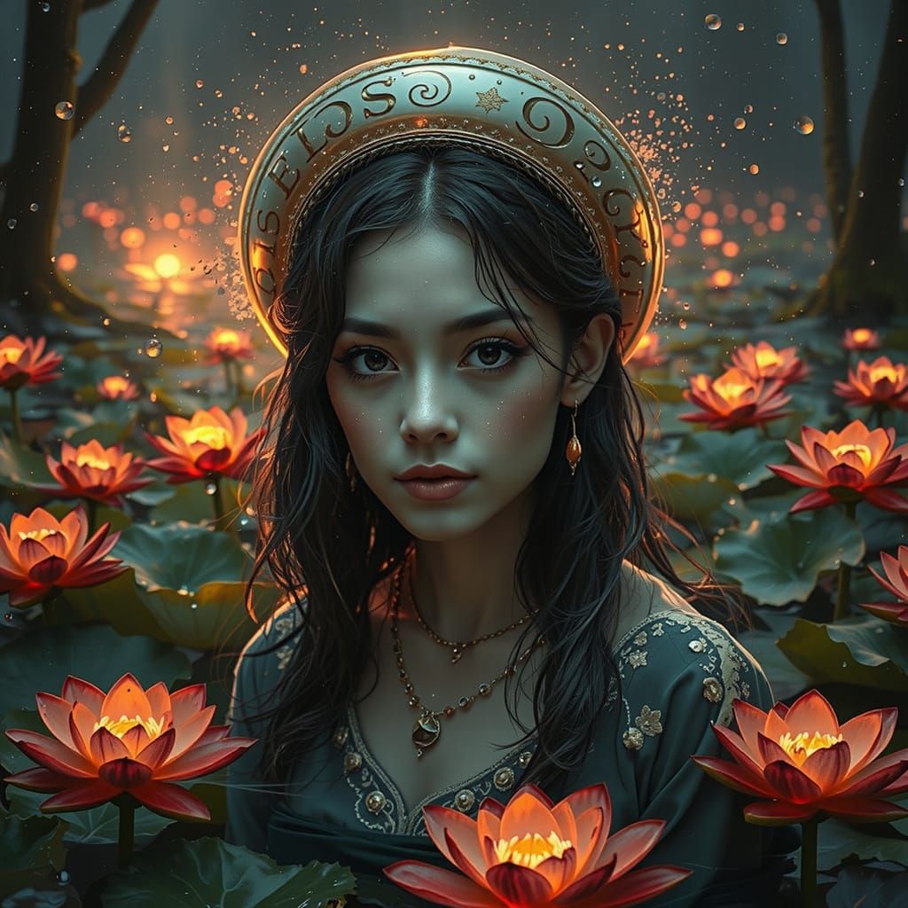 Glowing Neon Lotus Flower in Smoky Swamp