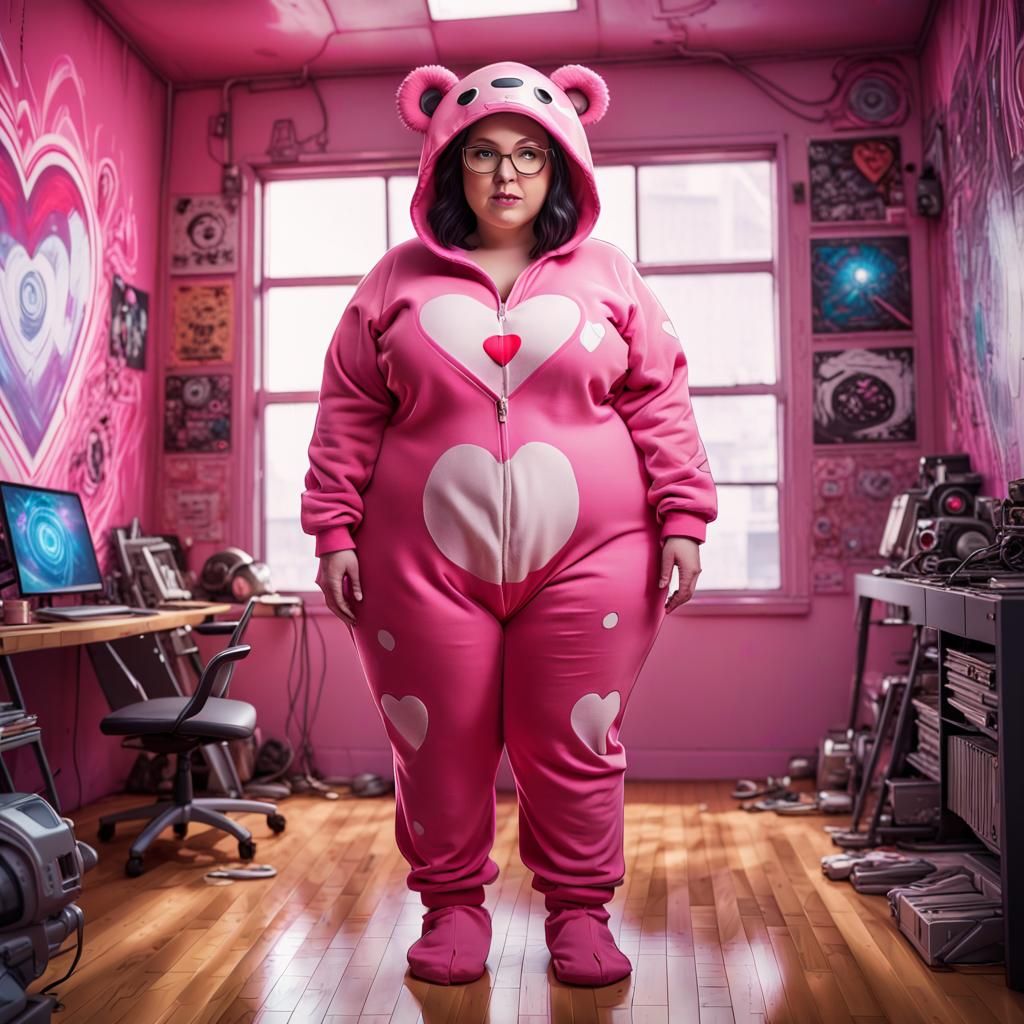 Woman in Teddy Bear Onesie with Sci-Fi Posters