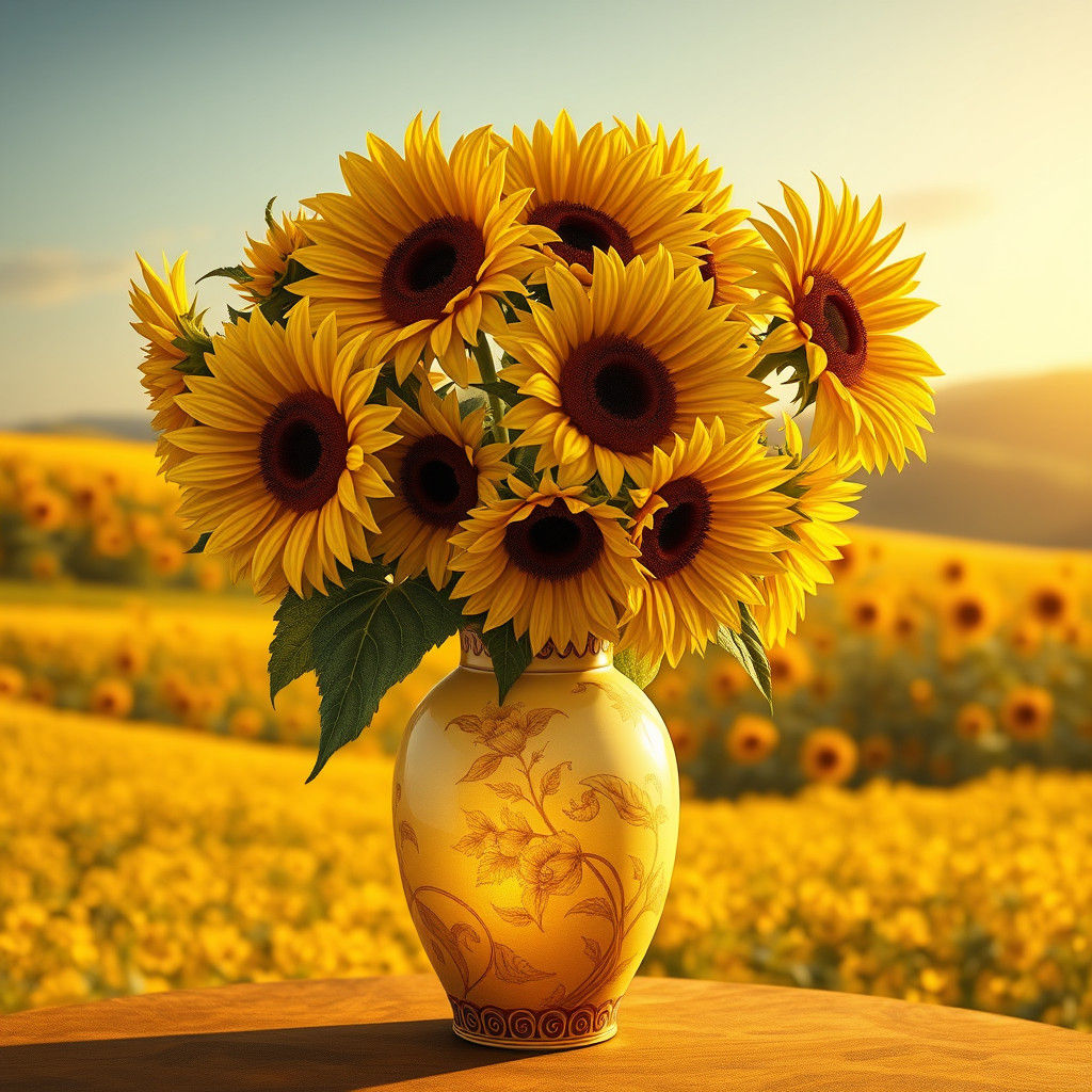 Sunflowers in Yellow Vase: Matte Painting in 8k