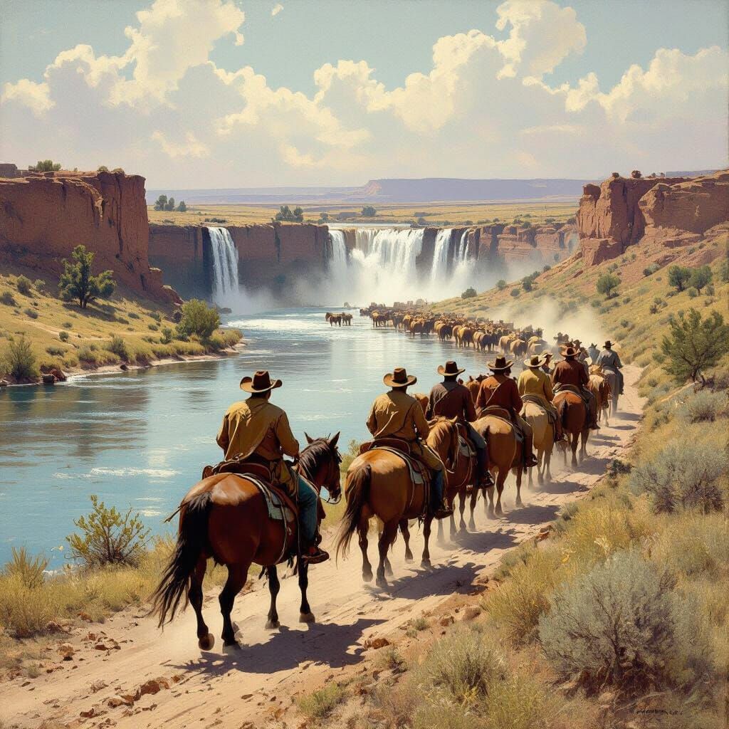 Cowboys Drive Cattle by River Waterfall
