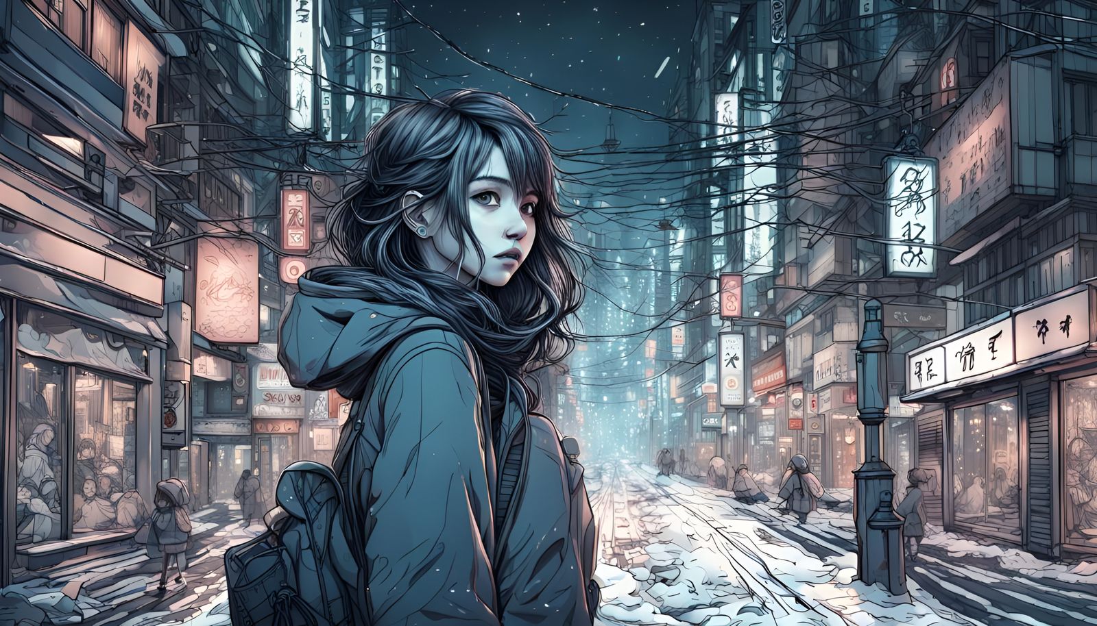 Girl in Snowy Tokyo: Chaotic Line Art
